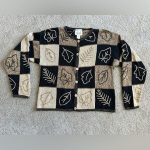 Christopher & Banks Vintage Black and Tan Hand Embroidered Leaves Leaf Cardigan